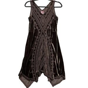 Johnny Was La Shobah Velvet Swing Dress Brown Embroidered Tissue Hem XS Boho